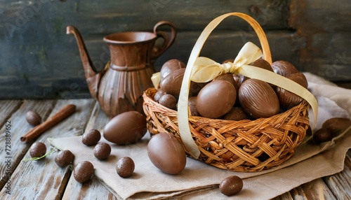 Ovos de páscoa de chocolate grandes e pequenos inteiros. Fitas para decorar e guardanapo photo