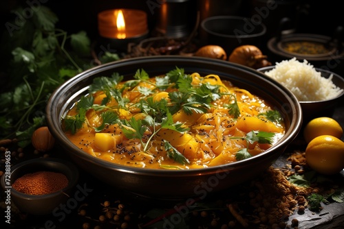 hearty bowl of potato stew, garnished with fresh herbs, is presented amidst a backdrop of whole spices, vegetables, and cooking utensils, capturing the essence of homemade cuisine.