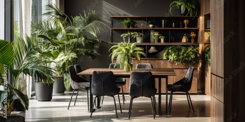 Fototapeta premium Contemporary dining room adorned with indoor plants.