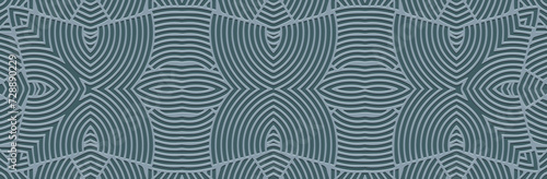 Banner, tribal cover design. Relief decorative geometric 3D pattern on a blue background. Linear art, ethnicity of the East, Asia, India, Mexico, Aztec, Peru.