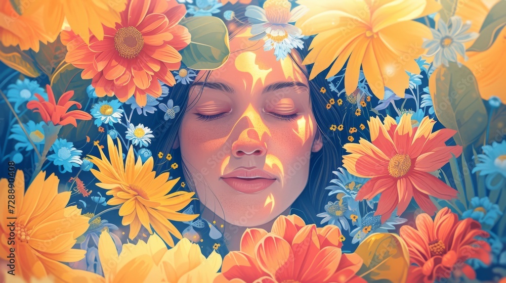 Illustration of a woman among flowers, reflecting a change in her life generative ai Illustration of a woman among flowers, reflecting a change in her life generative ai