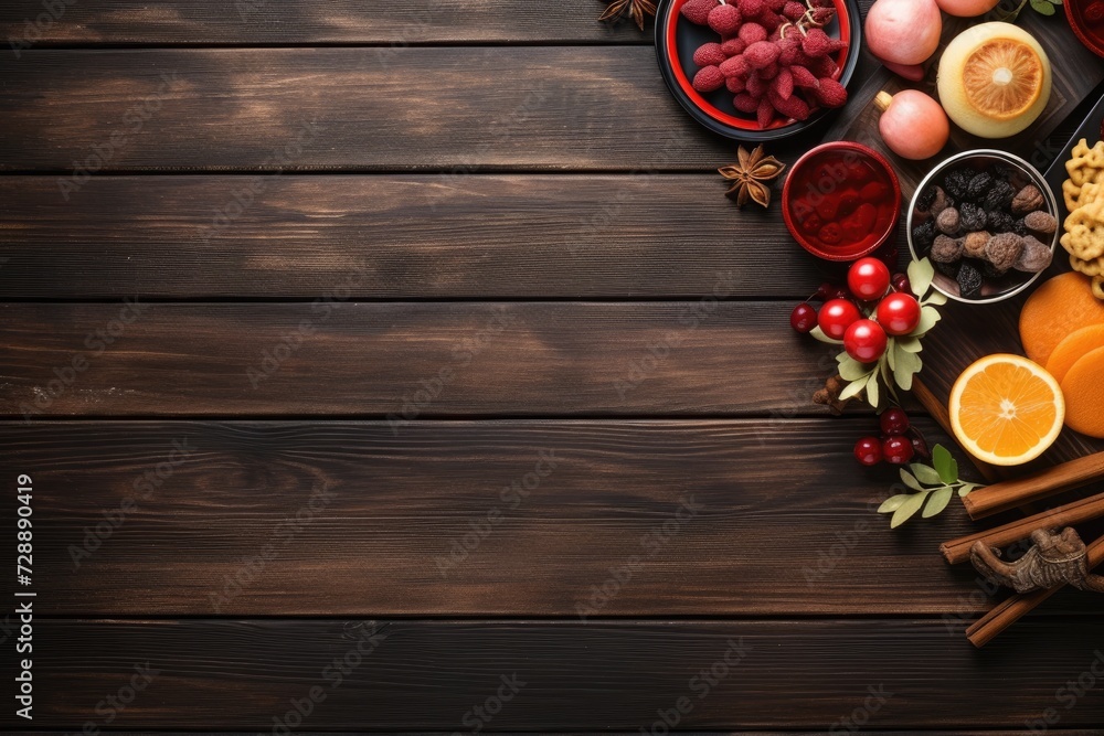 custom made wallpaper toronto digitalChinese new year food and drink still life on rustic wooden background flat lay. Copy space
