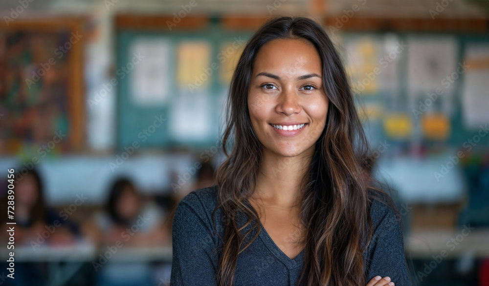 Portrait of a young Native American Indian teacher in her school classroom