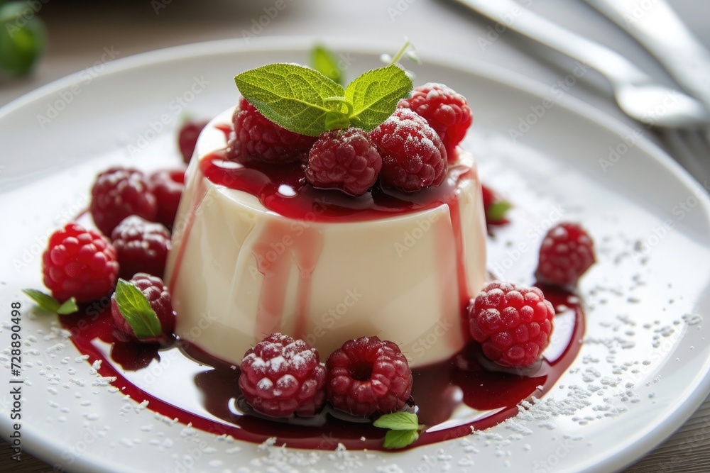 panacotta with raspberries and mint on top panacotta with raspberries and mint on top