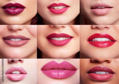 Lips makeup collage. Design template. Women with various colored lipstick