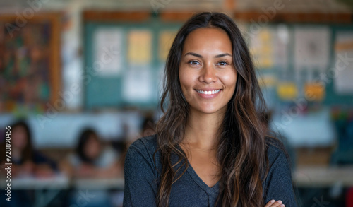 Portrait of a young Native American Indian teacher in her school classroom