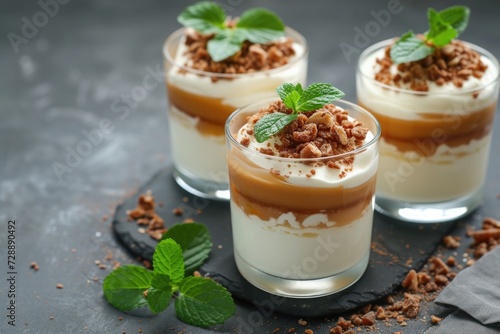 mousse dessert in glasses with mint on top