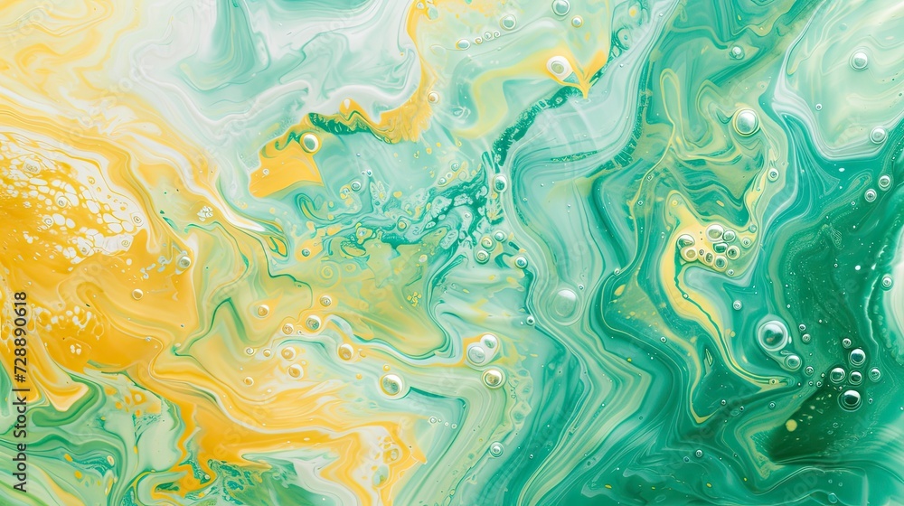 a green and yellow swirl pattern wallpaper with bubbles, in the style of conceptual painting, delicate chromatics, fluid acrylics, white background, mixes painting and ceramics - generative ai