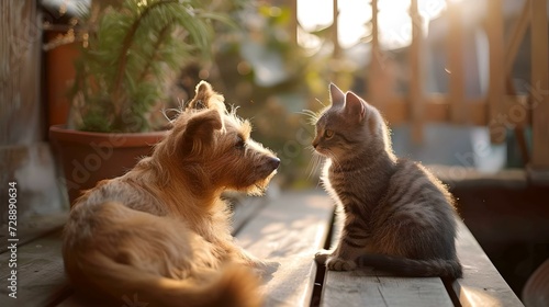 Serene afternoon  a dog and cat enjoy sunlight on a porch. a moment of animal harmony. perfect for pet lovers ads. AI