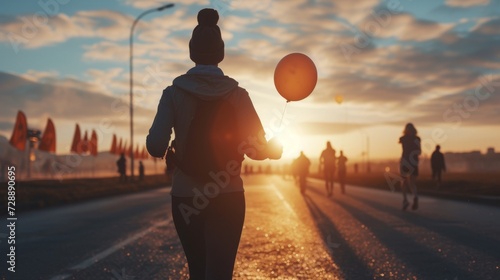 Cancer patient running a race in commemoration of cancer day. generative ai photo