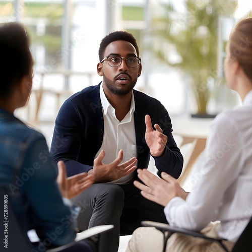 Young male business trainer leading a diverse group discussion on teamwork and professional development. Engaging corporate meeting with a focus on mentorship and guidance.