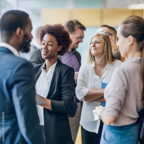 Banner background featuring diverse business professionals at a conference or seminar, engaging in discussions and networking in an office environment.