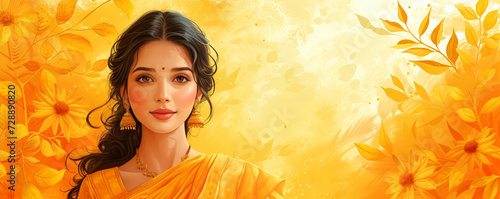 Beautiful indian woman wearing traditional indian costume saree and kundan jewelry on yellow background with copy space. Ugadi or Gudi Padwa celebration. Hindu New Year. Religion and ethnic concept