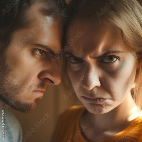 Close-up portrait of a stressed young couple arguing at home, showing intense emotions and relationship struggles.