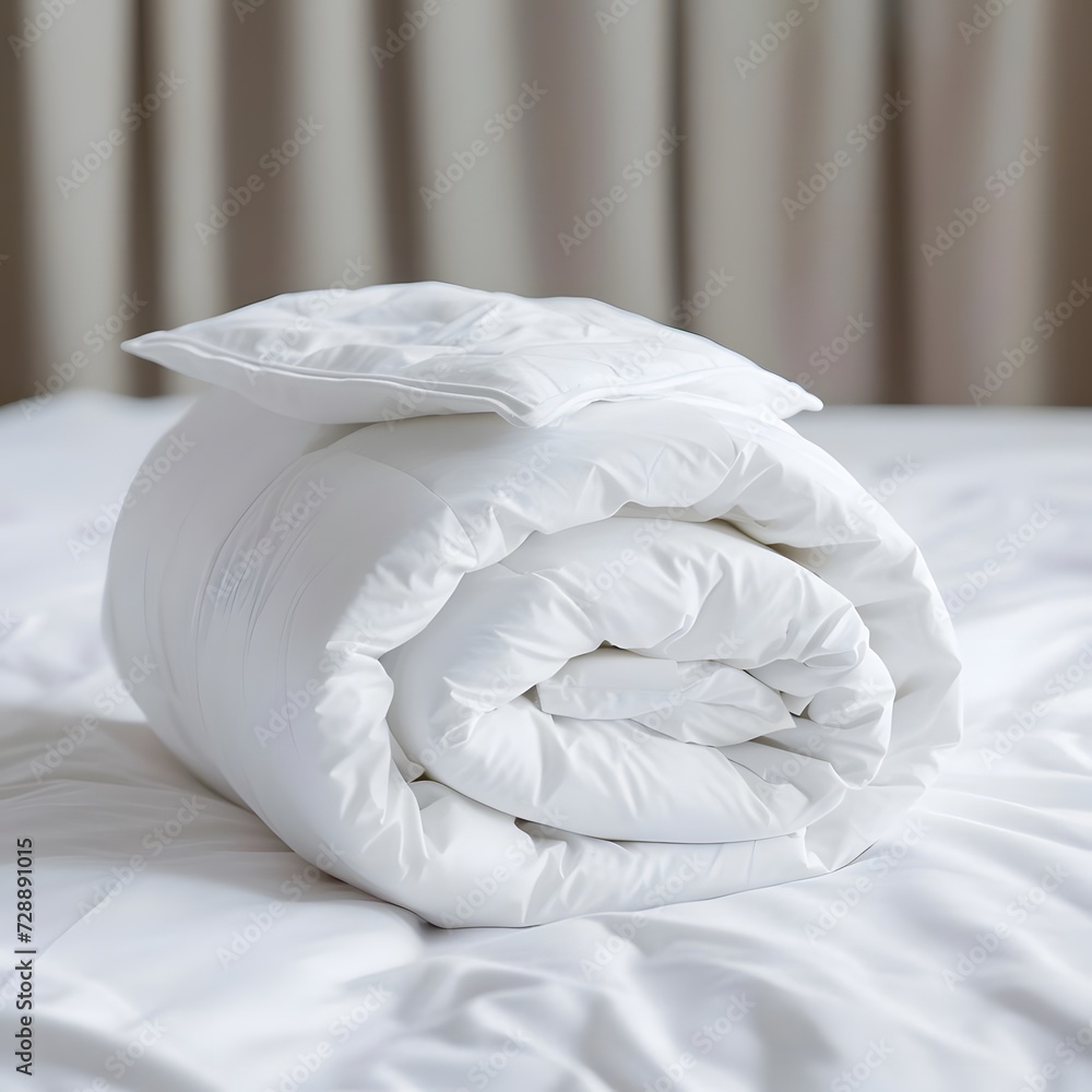 White folded duvet on a bed, symbolizing winter season readiness and cozy home decor. White folded duvet on a bed, symbolizing winter season readiness and cozy home decor.