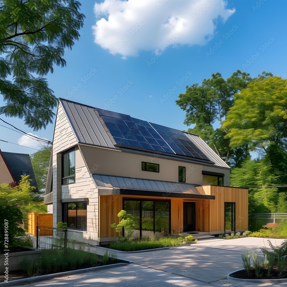 Modern suburban house with a photovoltaic system on the roof, highlighting eco-friendly features and sustainable living in a residential setting. Modern suburban house with a photovoltaic system on the roof, highlighting eco-friendly features and sustainable living in a residential setting.