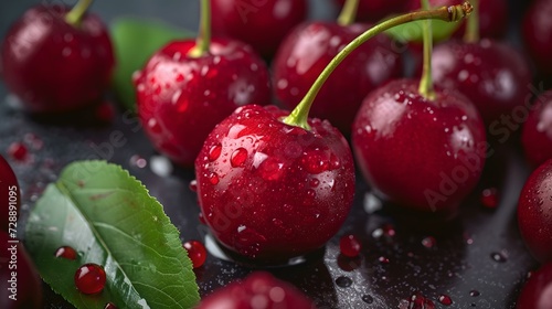 Fresh dew-kissed cherries on a dark surface  perfect for food themes. ripe  juicy fruit photo for stock. a healthy snack option. AI