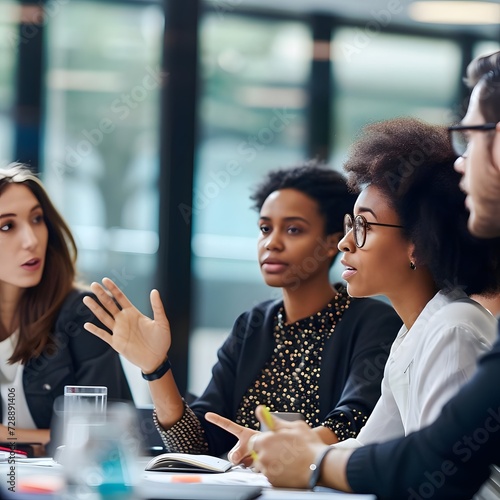 A scene in a modern office where a group of professionals is actively listening to a discussion, depicting focus and collaboration.
