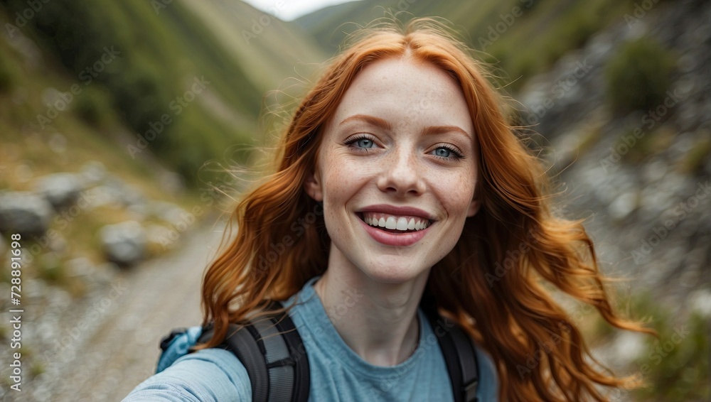 Close-up selfie of a young, smiling redhead woman with flowing hair, outdoors in a mountainous area, showcasing clear blue eyes and a joyful expression. Close-up selfie of a young, smiling redhead woman with flowing hair, outdoors in a mountainous area, showcasing clear blue eyes and a joyful expression.