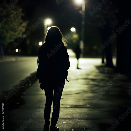 Silhouette of a scared young woman walking alone at night, capturing the vulnerability and fear of being followed. Concept of insecurity and potential danger.