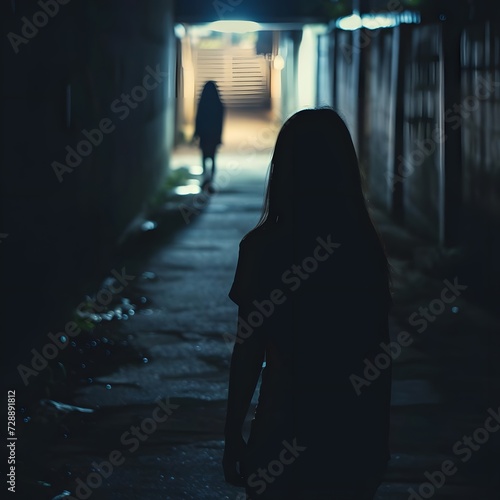 Silhouette of a scared young woman walking alone at night, capturing the vulnerability and fear of being followed. Concept of insecurity and potential danger.