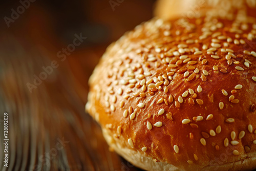 Abstract burger bun with sesame seeds texture background. Close up.