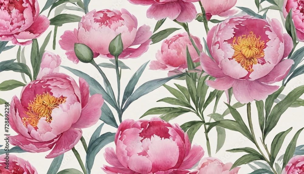 Watercolor painting of blooming peonies with lush green leaves