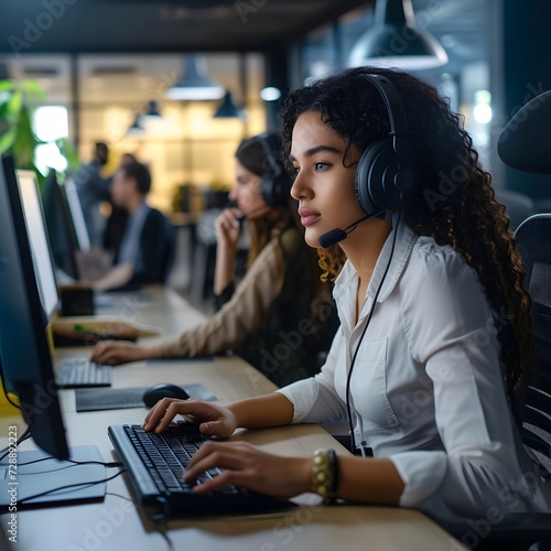 A pensive female helpdesk service agent working diligently at a bustling call center, addressing customer inquiries on the computer.