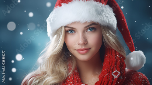 Portrait of beautiful sexy girl wearing santa claus clothes. Snow Maiden close up portrait.
