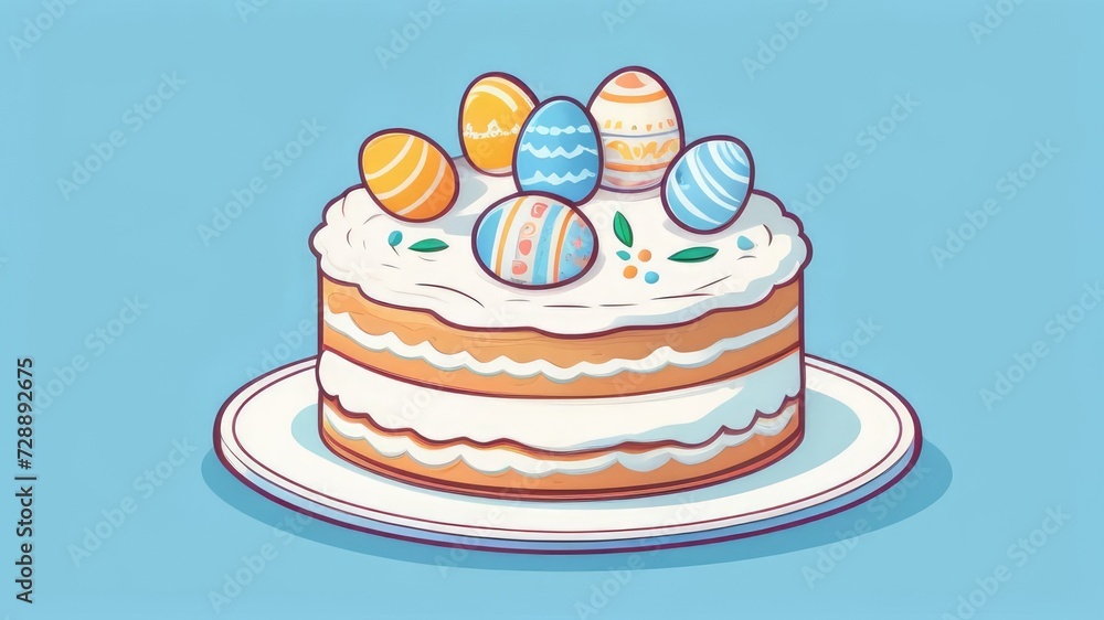 Easter cake with white icing and eggs on a blue background. Easter concept Easter cake with white icing and eggs on a blue background. Easter concept