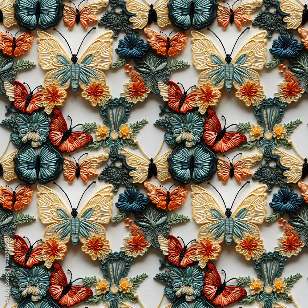 3D Fabrics embroidered seamless patterns of butterflys and flower, pastel color tones. Can be used for fabric printing, scrapbooking, crafts, diy.NO.27