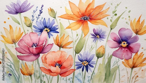 Watercolor painting of various flowers and plants