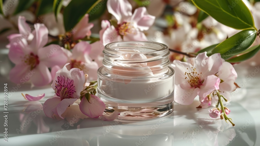 whitening and moisturizing Face cream in an open glass jar and flowers on white background. Set for spa, skin care and body products and solutions for skin problems such as scars, acne, wrinkles. whitening and moisturizing Face cream in an open glass jar and flowers on white background. Set for spa, skin care and body products and solutions for skin problems such as scars, acne, wrinkles.