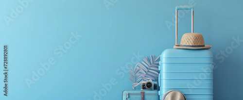 baggage travel. Blue suitcase with travel accessories such as sunglasses  hat and camera on light blue background.