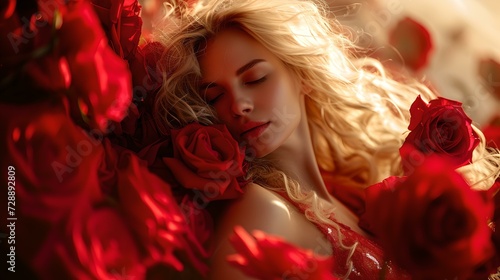 Ethereal woman surrounded by vivid red roses, dreamy aesthetic with a soft focus, artistic portrait style photography. AI