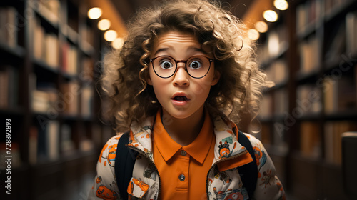 A surprised child walks among the bookshelves in the library, back to school concept