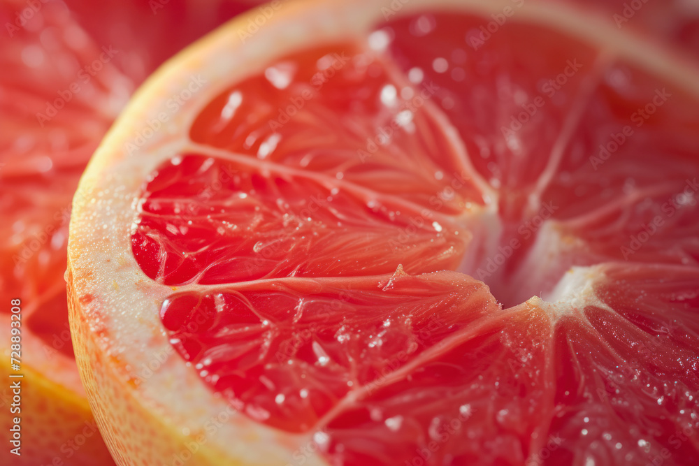 Close-up of sliced ripe grapefruit, macro, creative background. Close-up of sliced ripe grapefruit, macro, creative background.