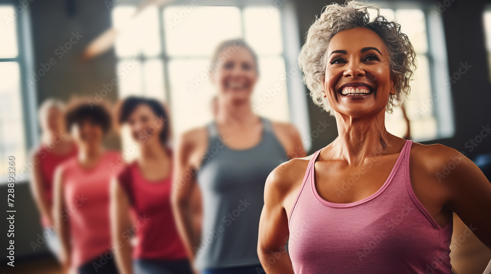 Active positive middle aged women performing dance elements during class with female group in modern fitness school for adults Active positive middle aged women performing dance elements during class with female group in modern fitness school for adults