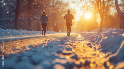 Two people enjoy a morning run on a path blanketed with snow, illuminated by the breathtaking sunrise in a tranquil winter landscape.. © Naret