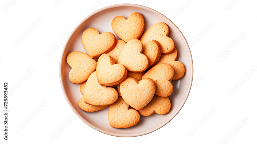 Top view heart shaped delicious cookies in a plate, png file of isolated cutout on transparent background Top view heart shaped delicious cookies in a plate, png file of isolated cutout on transparent background