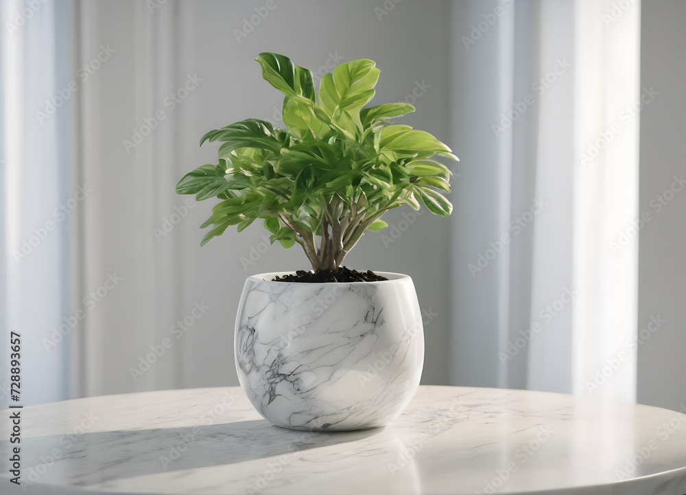 Houseplant in a white pot in a bright room on a white table