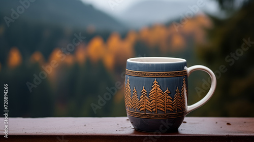 Cozy hygge feeling with a cute mug with steaming hot drink and blurry view to the autumn fall pineforest with overcast weather photo
