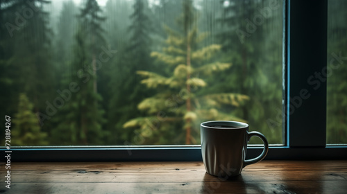 Cozy hygge feeling with a cute mug with steaming hot drink and blurry view to the pineforest with overcast weather photo