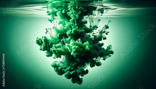 Green ink as it gently merges with crystal clear water