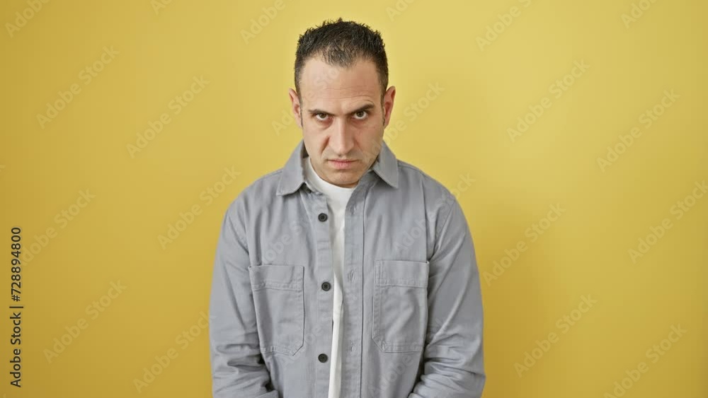 Upset young hispanic man, frowning skeptic under a cloud of negativity, tussling with problem, nervously standing, wearing shirt, against an isolated yellow background Upset young hispanic man, frowning skeptic under a cloud of negativity, tussling with problem, nervously standing, wearing shirt, against an isolated yellow background