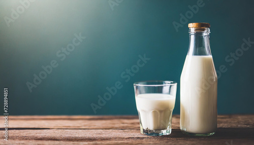 rustic scene with a bottle and glass of milk on a wooden table  evoking wholesome simplicity and natural purity