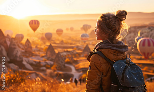 Happy Tourist Woman Experiencing the magical sunrise in Cappadocia with colorful hot air balloons in the sky, Turkey. 