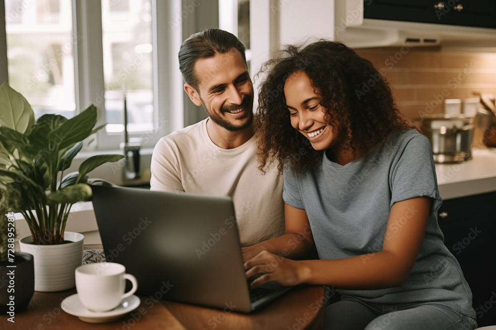 Together in Harmony: Joyful Moments of a Young, Diverse Married Couple at Their Cozy Home Office Together in Harmony: Joyful Moments of a Young, Diverse Married Couple at Their Cozy Home Office