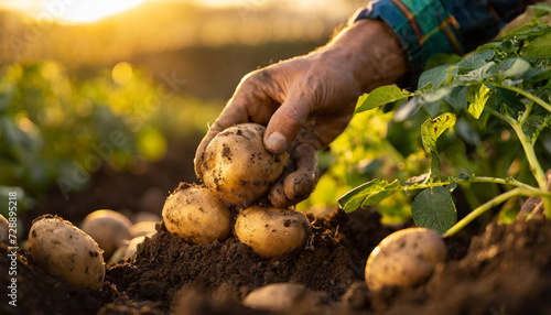 Farmer's hands gently cradle freshly unearthed potatoes, roots entwined, in warm sunset glow