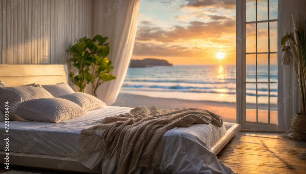 cozy bedroom with disheveled white bedding, overlooking a vast open wall revealing a serene seascape, evoking tranquility and coastal living